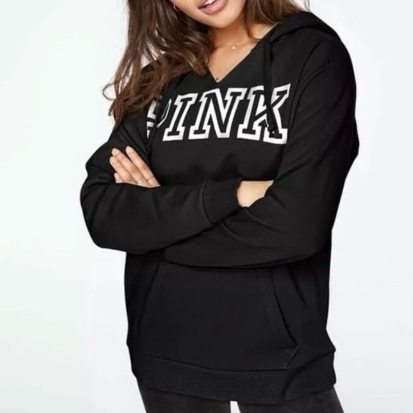 Victoria’s Secret Pink Logo Hoodie Oversized Campus Pullover Black Size Small - Picture 3 of 17